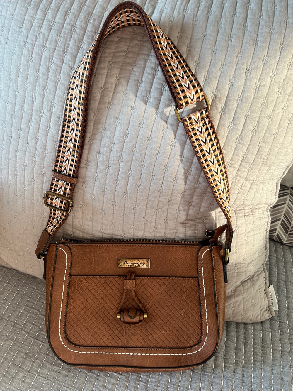 American Rag Textured Brown Crossbody Bag with Patterned Strap